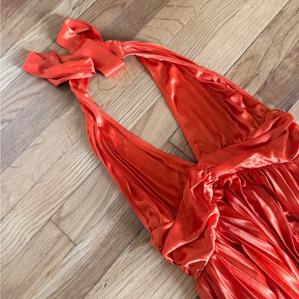 Hello Molly Orange Satin Halter Pleated Maxi Gown - Picture 5 of 8